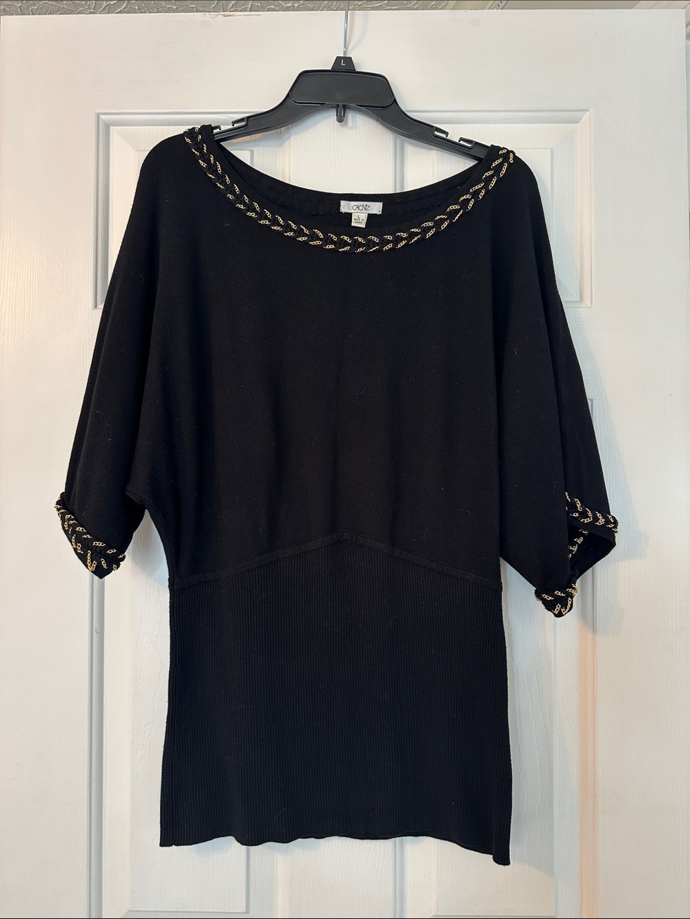 Cache Black Long Sleeve Sweater with Gold Braid Trim